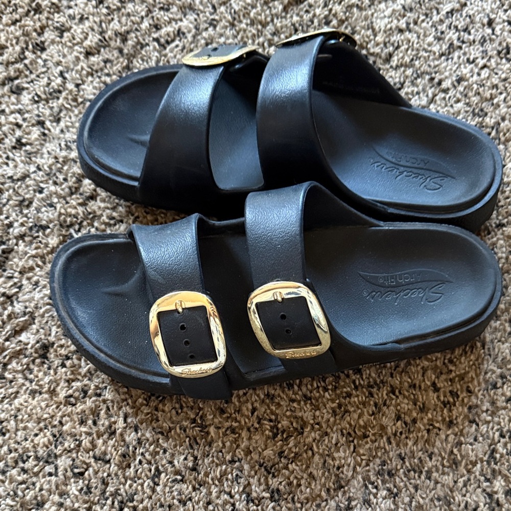 Skechers Black foam Sandals with Gold Buckles